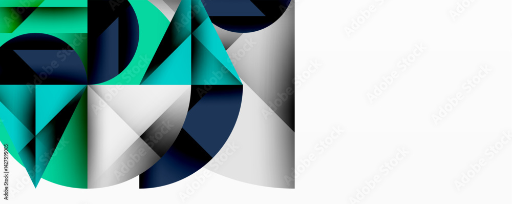 Poster Abstract geometric composition. Shapes overlap, creating dynamic visual interest. Cool color palette dominates, featuring blues, greens, grays. Minimalist design with clean lines.