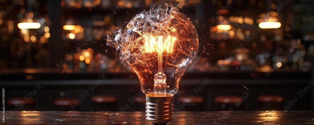 Poster explosion of lightbulb showing bulb and filament crash concept. a glowing light bulb emits sparks in
