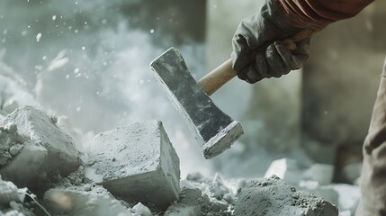 Construction Worker Using a Sledgehammer to Break Concrete