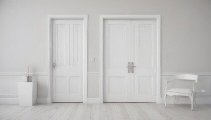White door collection, open & closed, crisp white setting ,  white background,  minimalist