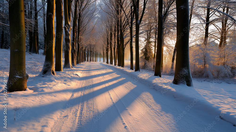 Poster snow-covered path lined with tall trees casting long shadows in the soft golden light of winter sunr