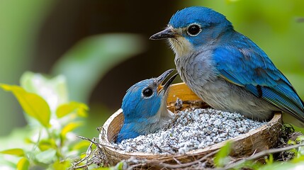 A male Eastern Bluebird feeds his mate in a springtime courting ritual.  HD 8K wallpaper Photographic Image