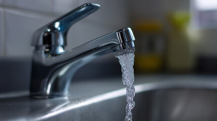 Modern chrome faucet with water flowing into a sink in a bright bathroom setting.
