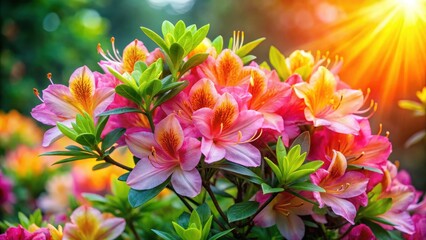 A vibrant Azalea Sunburst bloom bursts with colorful flowers in a large cluster, set against a green foliage background, showcasing its beauty and energy , garden beauty, spring blooms
