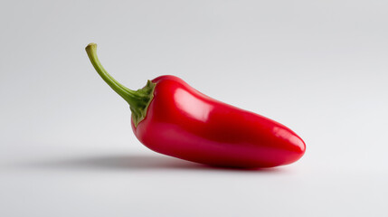 Single red chili pepper lying on a white surface with a green stem.
