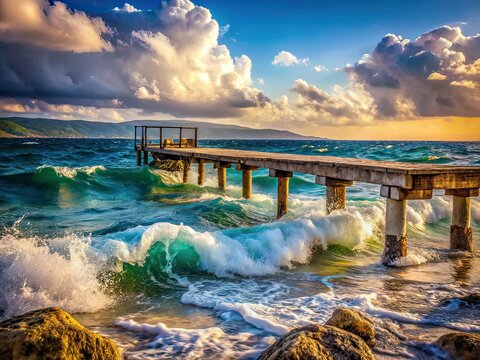 Tilt-Shift Jadrija Pier Waves Croatia Beach, Vintage Aesthetic