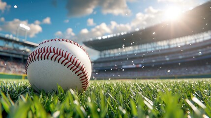 Baseball Game Day Sunlit Stadium Closeup.