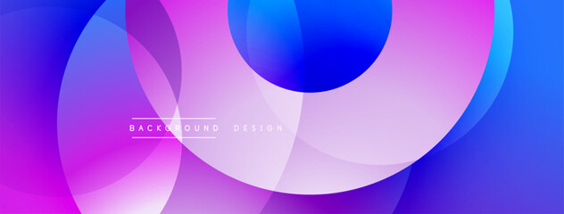 Abstract composition featuring overlapping circles. Gradient shades of purple, blue create dynamic visual effect. Modern design suitable for backgrounds, presentations.