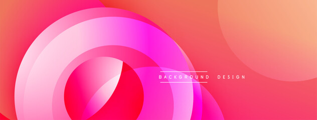 Abstract background features overlapping circles, gradients ranging from deep pink to orange. Modern design evokes fluidity, dynamism, soft curves create visual interest.
