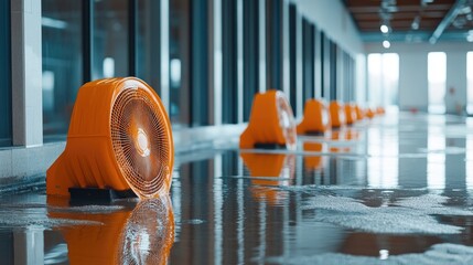 Flood Cleanup Orange Fans Drying Modern Building.