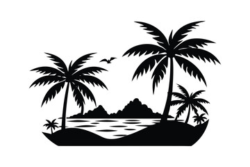 Tropical beach scene silhouette on white background