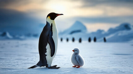 Fototapeta premium majestic penguin stands beside its fluffy chick in snowy landscape, showcasing beauty of nature and bond between parent and offspring. serene backdrop enhances emotional connection