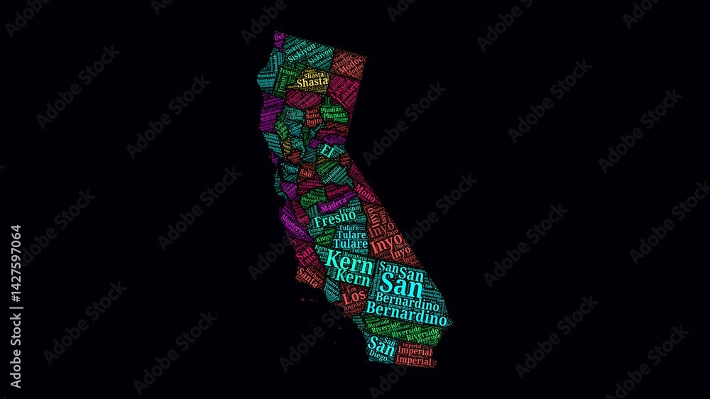 Aufkleber california intro video. counties word clouds animation. california counties names in english languag