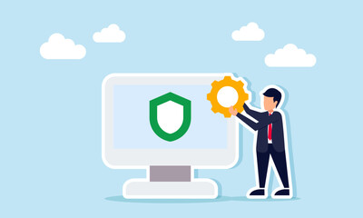 businessman carrying a gear beside a monitor displaying a shield, illustration of business insurance system maintenance