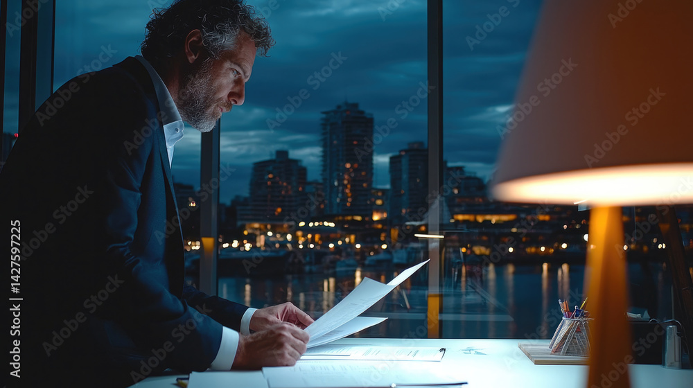 Poster focused man in suit reviews documents at desk, illuminated by lamp, with city skyline visible throug