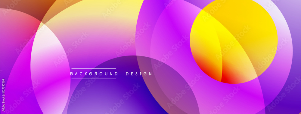 Poster abstract vibrant circles overlap creating dynamic gradients. purple, yellow hues dominate design. mo