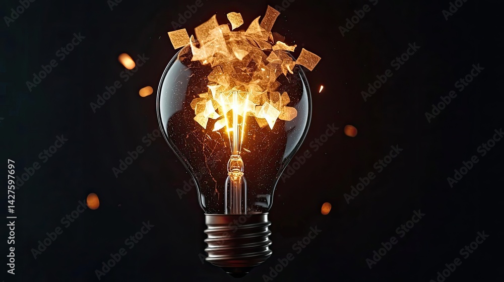 Poster explosion of lightbulb showing bulb and filament crash concept. a creative light bulb bursting with 