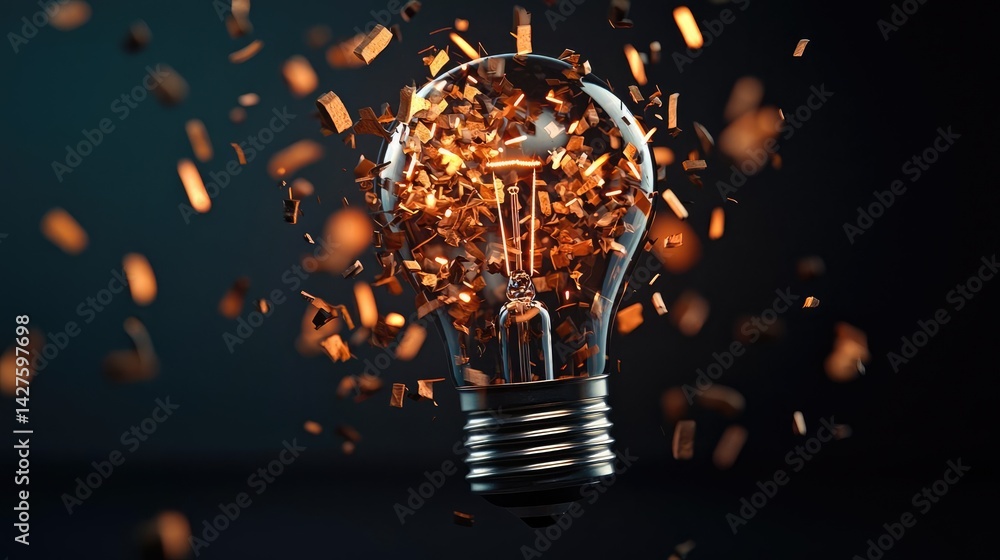 Aufkleber explosion of lightbulb showing bulb and filament crash concept. an exploding light bulb symbolizing 