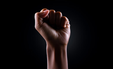 Raised clenched fist against a dark background symbolizing strength, resistance, and unity.
