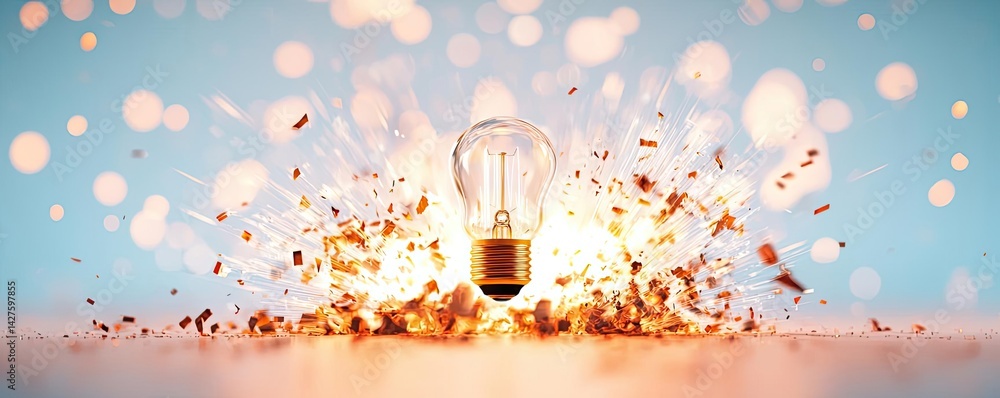 Poster explosion of lightbulb in high-speed bulb shattering concept. an exploding light bulb creating spark