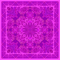 Beautiful abstract pattern in ethnic style in neon pink color for a square scarf, carpet, tablecloth, napkin.