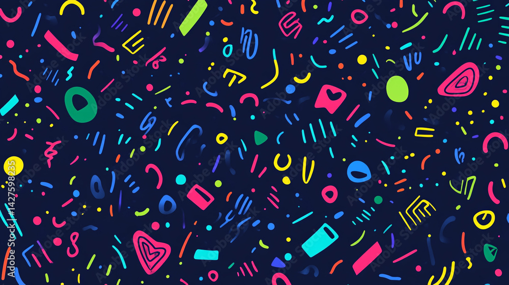 Poster a vibrant abstract pattern featuring colorful shapes and splashes on a dark blue background, colorfu