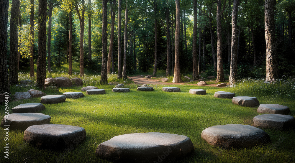 Poster serene forest scene featuring circular arrangement of stone slabs on lush green grass, surrounded by