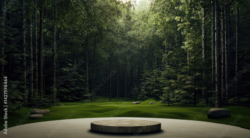 Poster serene forest scene featuring circular stone platform surrounded by lush greenery, tall trees, and s