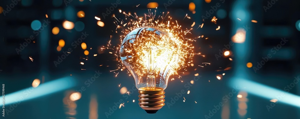 Poster explosion of lightbulb showing bulb and filament crash concept. a glowing light bulb with sparkling 