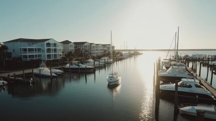 Tranquil Marina Sunset: Coastal Homes and Yachts at Golden Hour