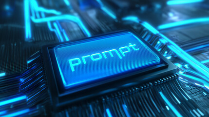 Glowing blue button labeled "prompt" on a futuristic circuit board background.
