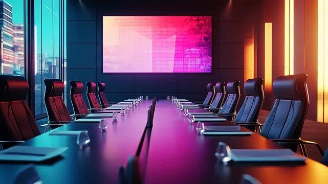 Modern conference room with a long table, sleek chairs, and a vibrant digital screen backdrop - Powered by Adobe