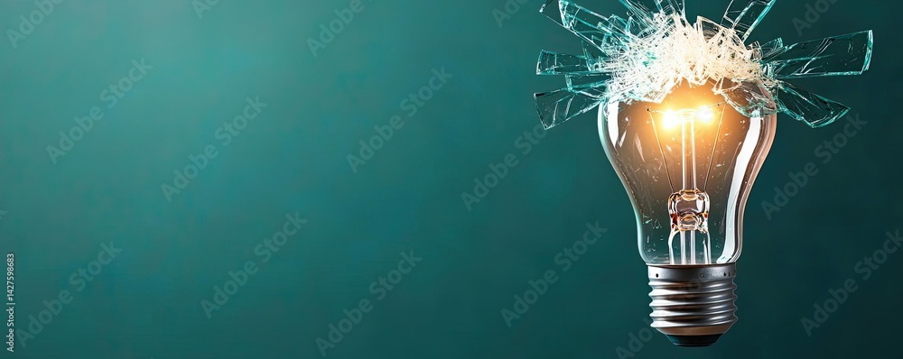 Poster explosion of lightbulb in high-speed bulb shattering concept. a broken light bulb emits a bright glo