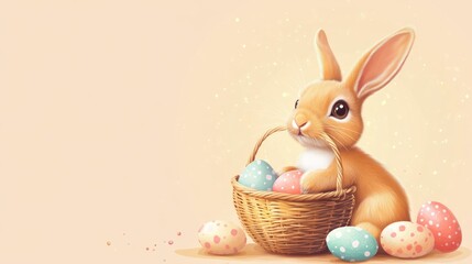 Adorable Easter Bunny with Pastel Eggs in Rustic Basket: A Whimsical Illustration