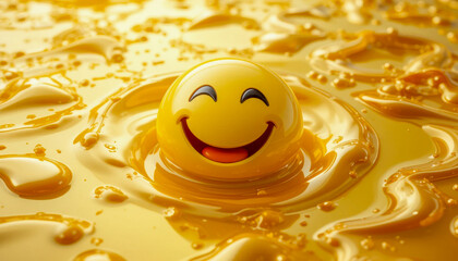 A 3D-rendered smiley face floats serenely in a pool of vibrant, swirling yellow liquid, creating a cheerful and visually appealing image.