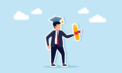 businessman wearing a graduation cap and holding a diploma or graduation document, illustration of graduation or earning a bachelor's, master's, or doctoral degree