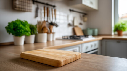 Fototapeta premium Bright and cozy kitchen with a wooden cutting board on the counter and sunlight streaming through the window. 