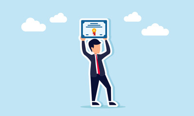 businessman lifting and showing a certificate, diploma, or graduation document, illustration of a certificate proving success or graduation