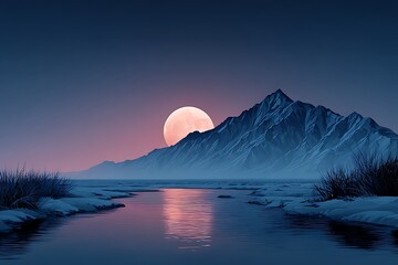 Fototapeta premium Serene Night: Pink Moon Over Majestic Mountains and Tranquil River