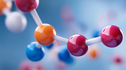 Colorful molecular structure model with connected spheres representing atoms against a soft blue background.
