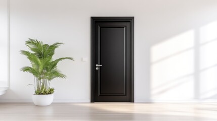Modern minimalist interior featuring a black door, a plant, and sunlight