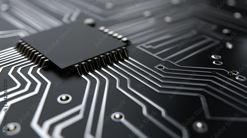 Poster macro shot of a black circuit board highlighting intricate electronic pathways and connections.