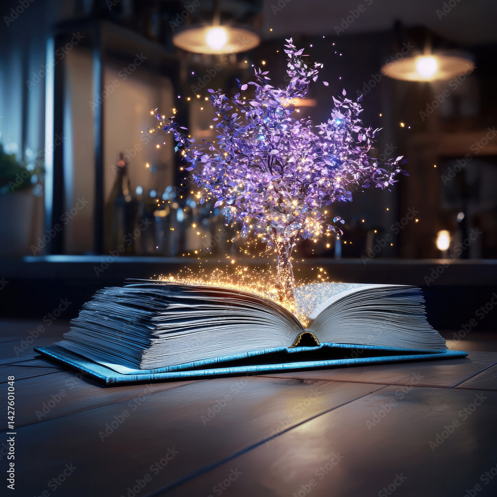 Poster magical scene featuring open book with vibrant tree emerging from its pages, surrounded by sparkling lights. atmosphere is enchanting and whimsical, evoking sense of wonder and imagination