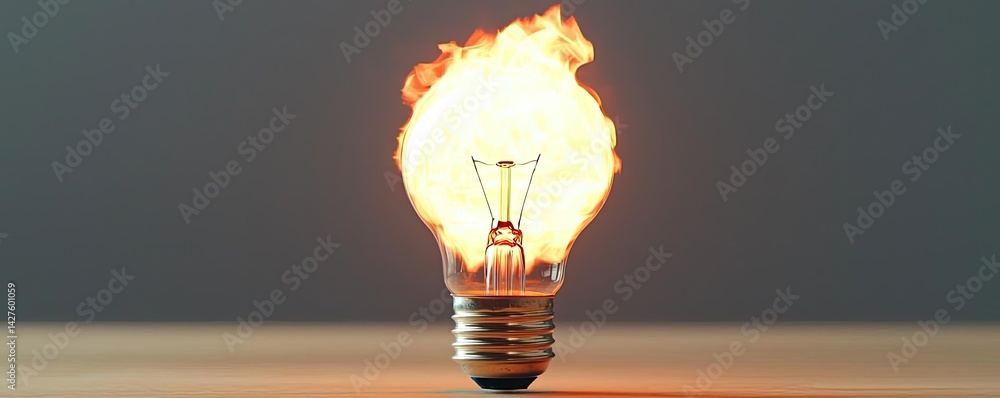 Poster explosion of lightbulb showing bulb and filament crash concept. a glowing light bulb with flames, sy