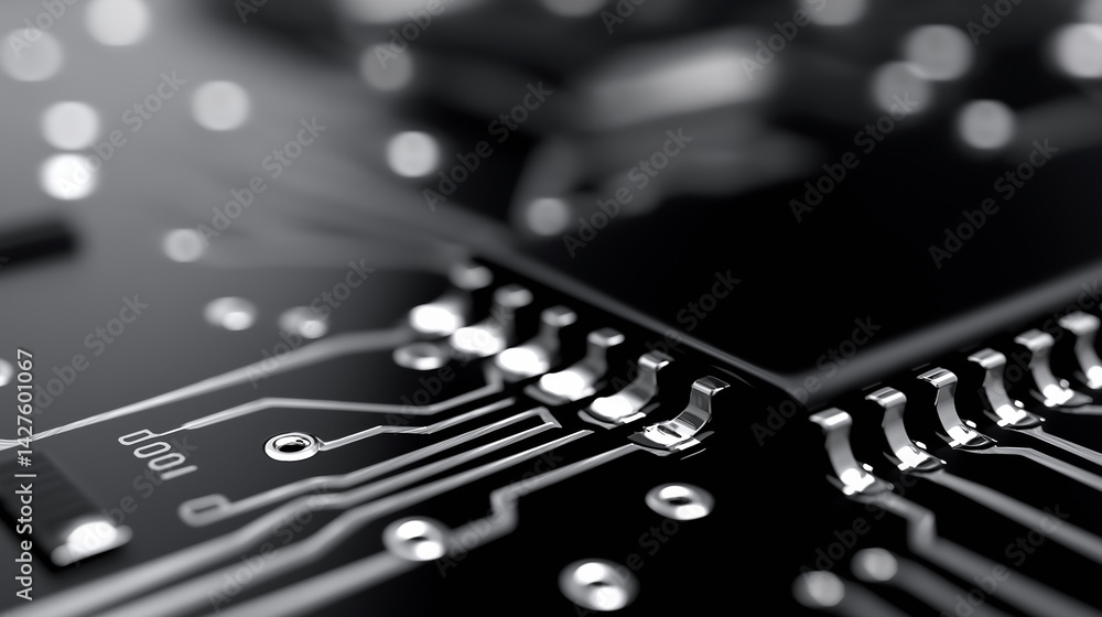 Poster macro shot of a black circuit board highlighting intricate electronic pathways and connections.