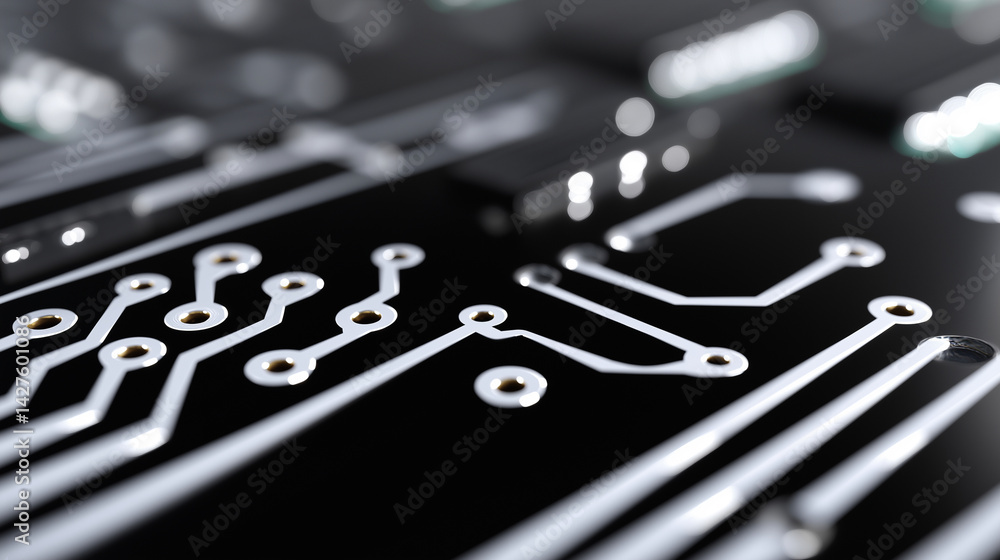 Aufkleber macro shot of a black circuit board highlighting intricate electronic pathways and connections.