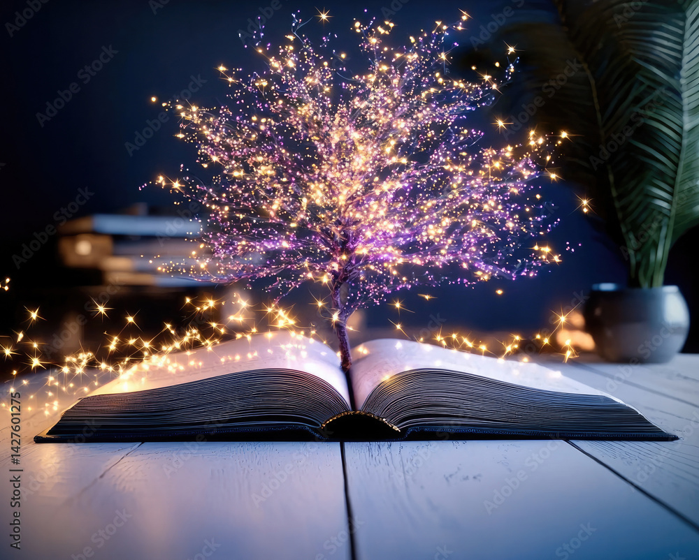 Poster open antique book on table, illuminated by magical tree made of sparkling lights, creating whimsical and enchanting atmosphere. scene evokes sense of wonder and imagination