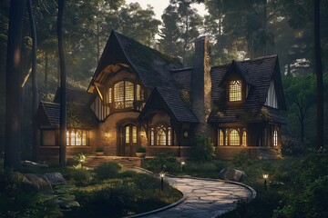 Magical Fairy Luxury Cottage in a Dark Forest, Fairytale Book Illustration Concept