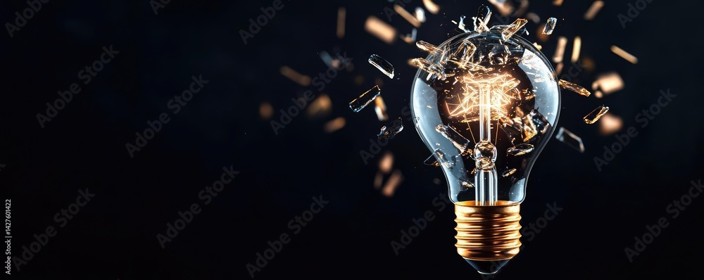 Poster explosion of lightbulb showing bulb and filament crash concept. creative light bulb emitting sparks 