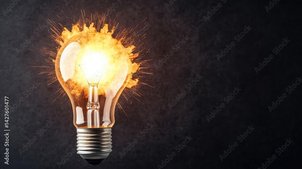 Poster explosion of lightbulb in high-speed electric crash concept. illuminated light bulb symbolizing inno